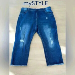 NWOT, My STYLE, Plus-Size Distressed Denim Jeans With Frayed Hem, 24W, Blue